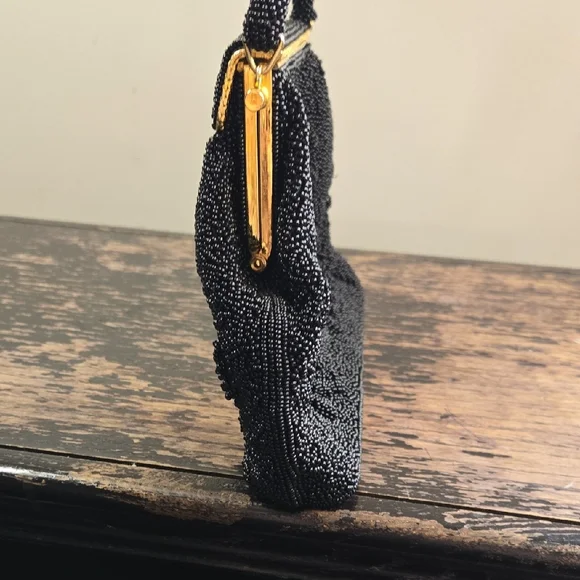 Black Beaded Vintage Handbag with Silk Interior - Picture 4 of 9
